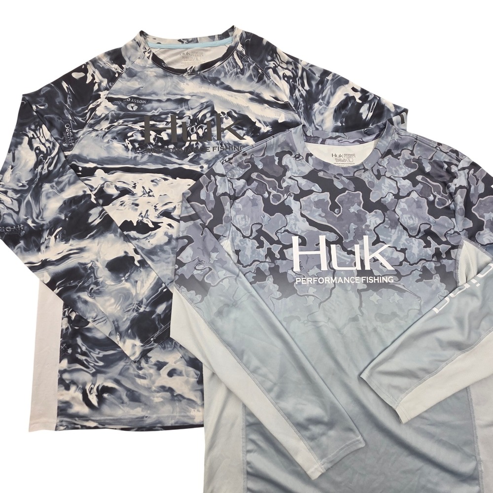 Lot of 2 Huk Performance Fishing Shirts Mens Large Long Sleeve Camo Mossy Oak